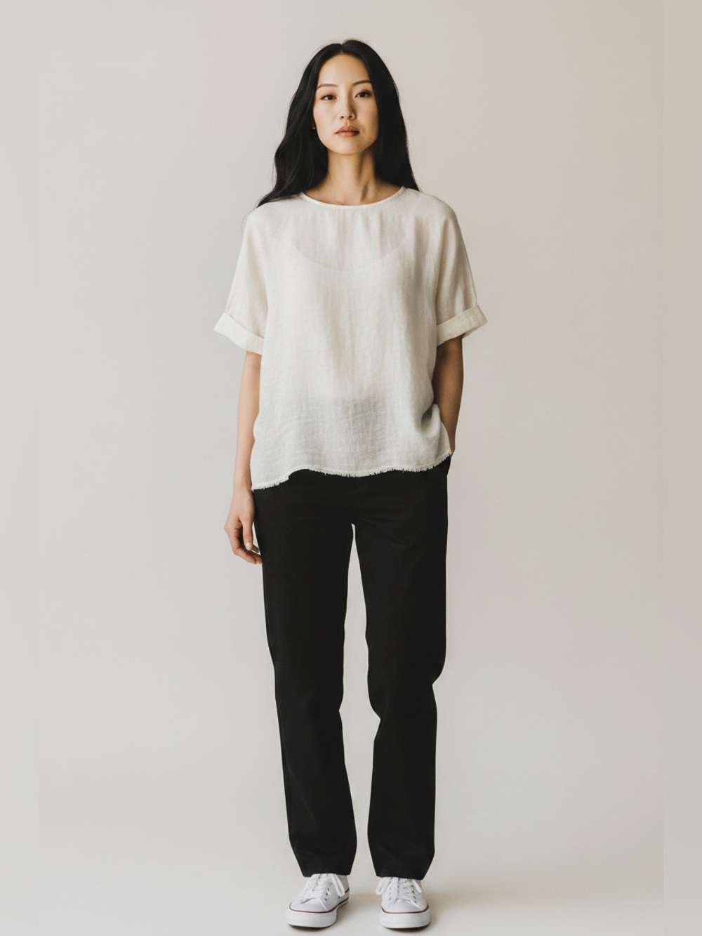 MAGASCHONI sz Small Very Short Sleeve Linen Blouse Raw Hem NWT
